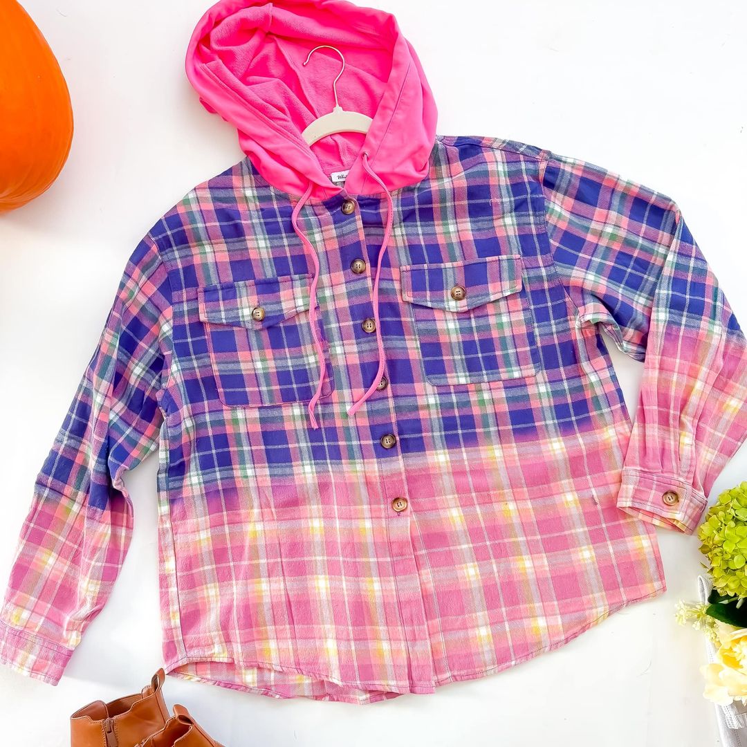 Pink & Purple Plaid Button Up Hoodie
