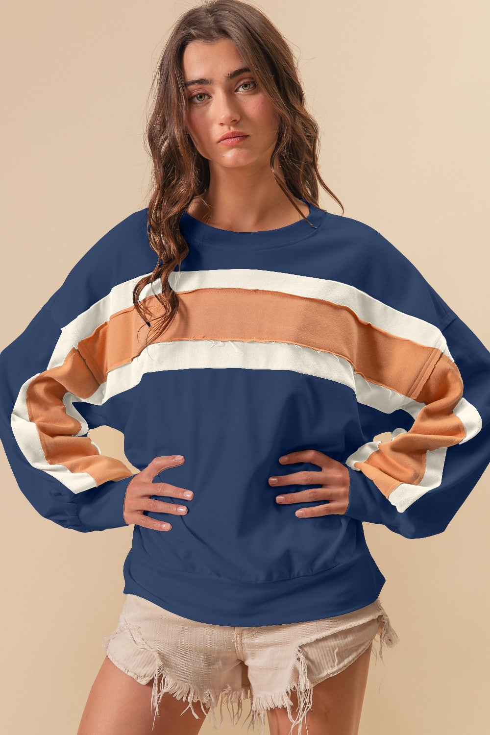 Blue & Peach Long Sleeve Raw Hem