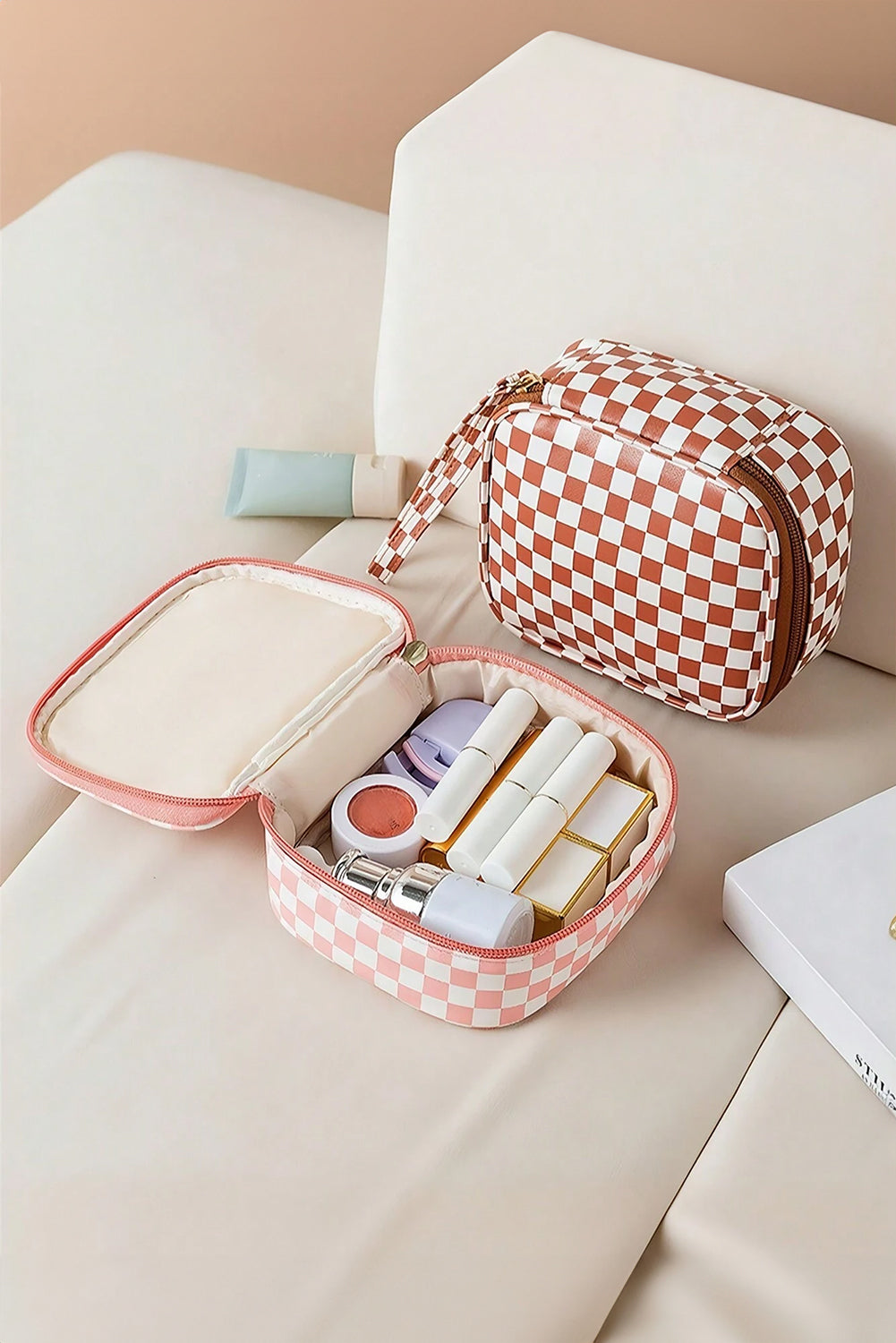 Pink Checked Small Cosmetic Bag