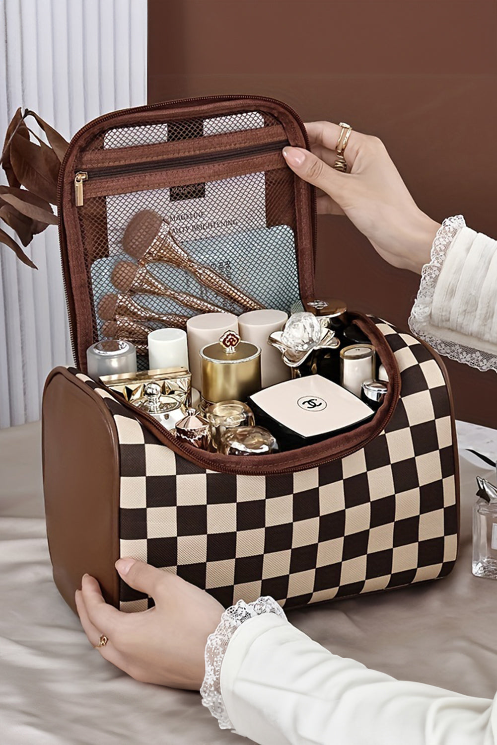 Chocolate Checkered Makeup Bag