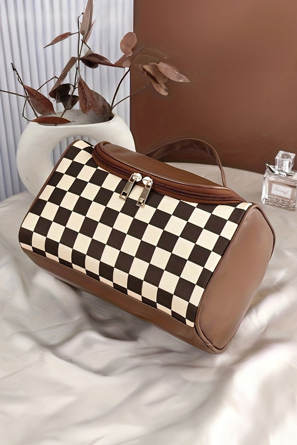 Chocolate Checkered Makeup Bag
