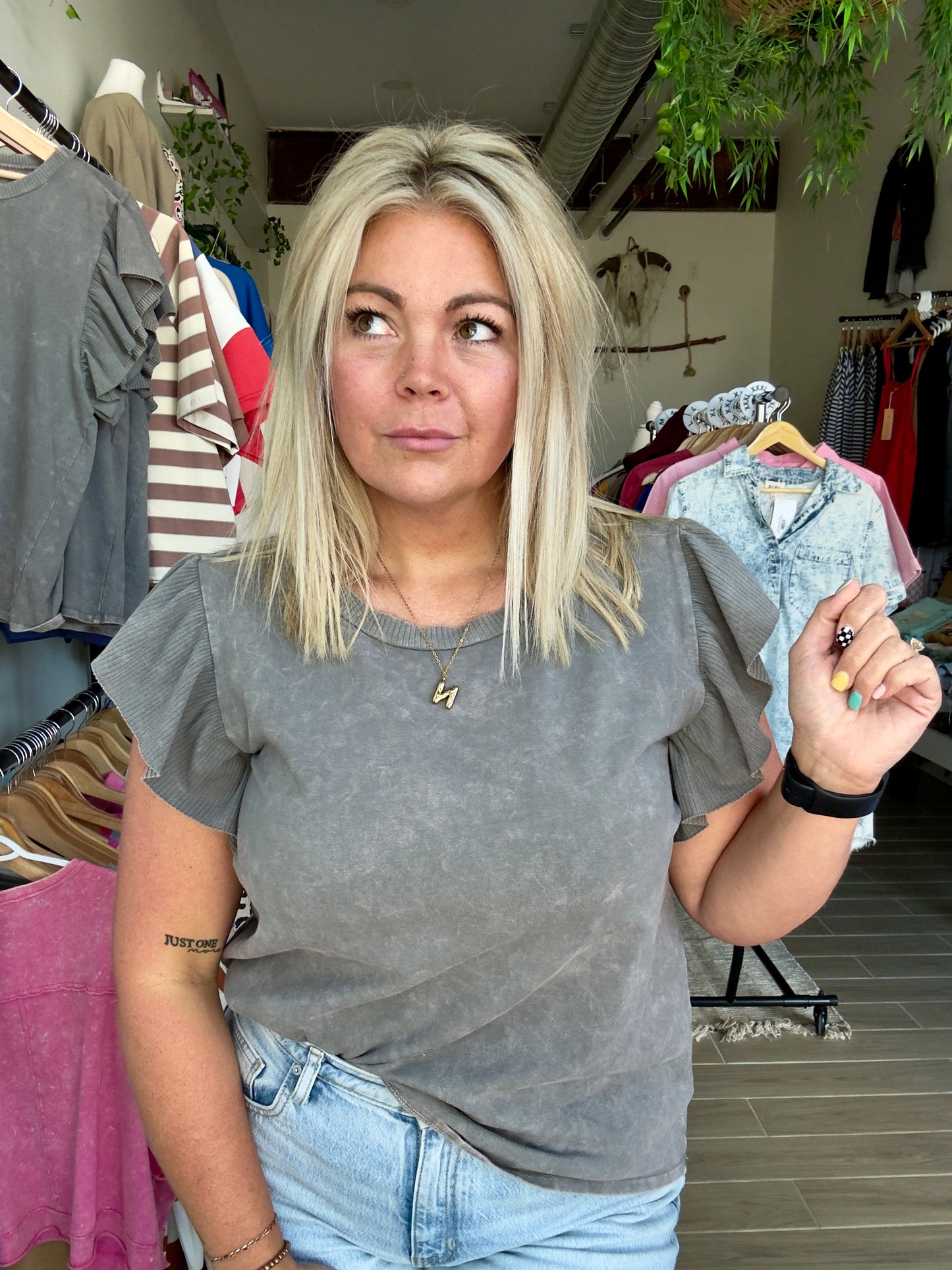 Grey Flutter Sleeve Top
