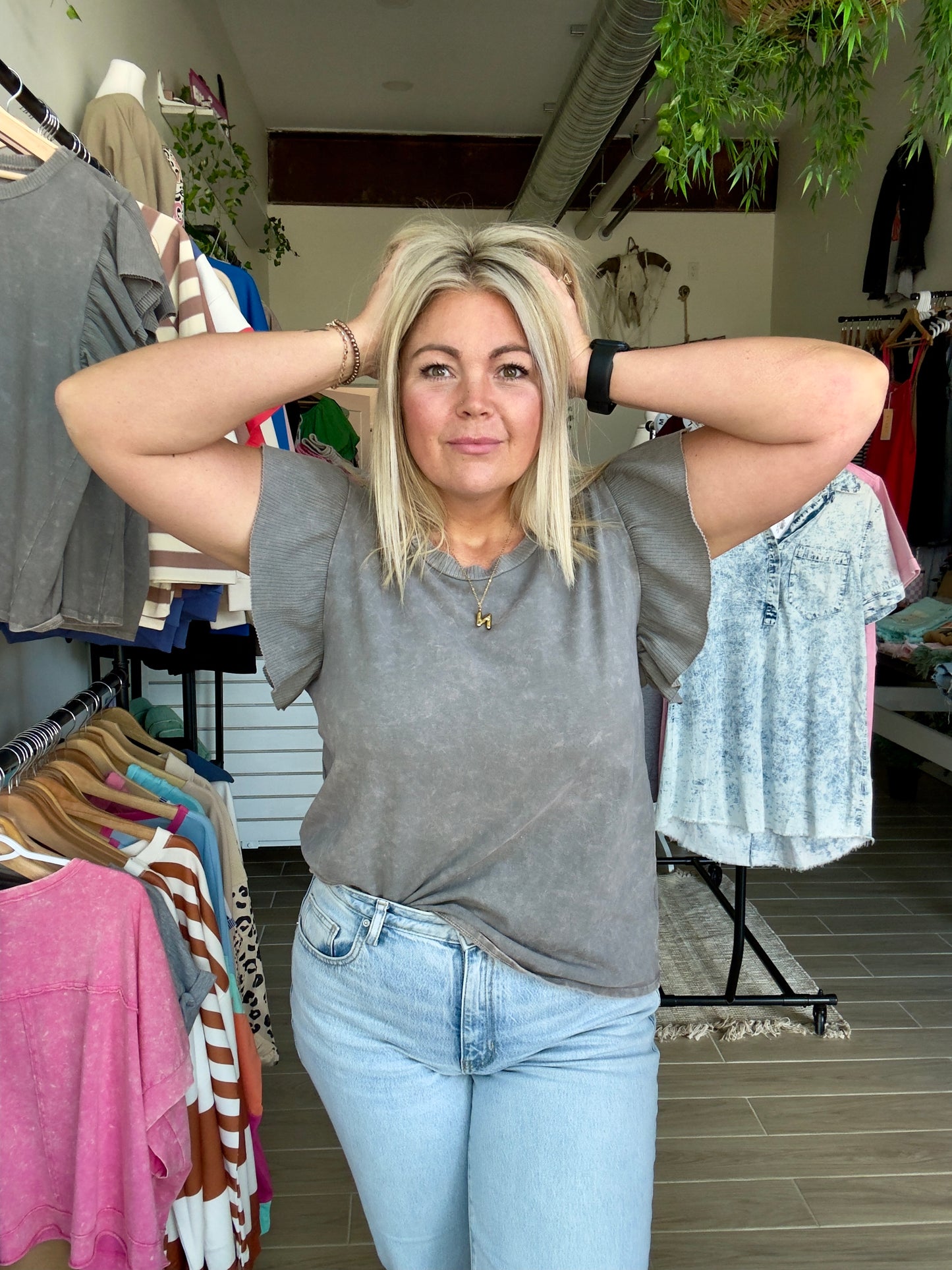 Grey Flutter Sleeve Top