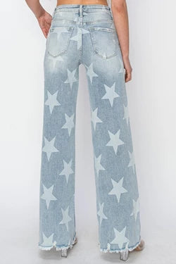 High Rise Wide Leg Star Print Jeans