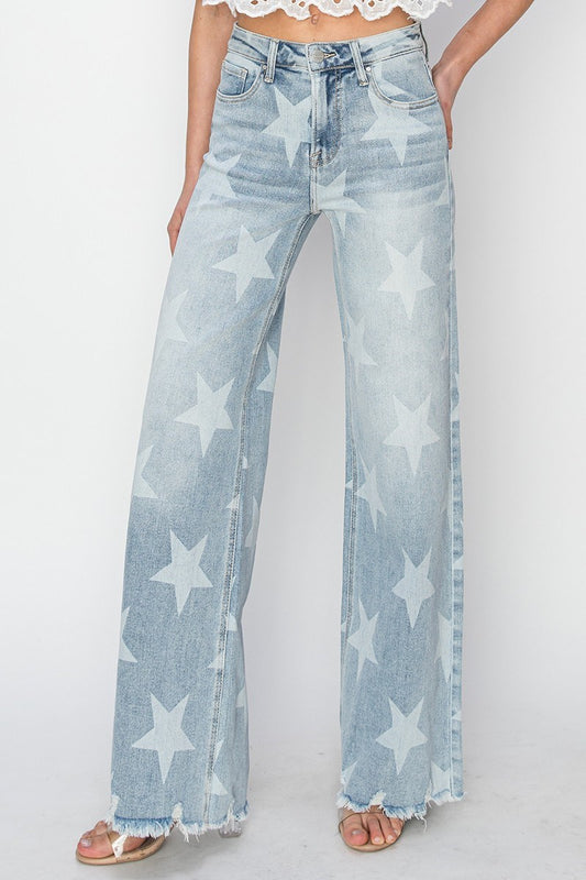 High Rise Wide Leg Star Print Jeans