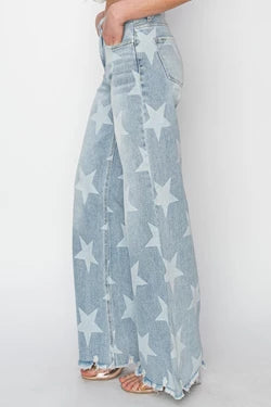 High Rise Wide Leg Star Print Jeans