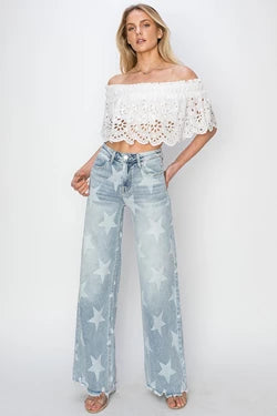 High Rise Wide Leg Star Print Jeans