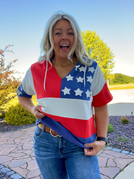 American Flag Oversized Short Sleeve Hoodie