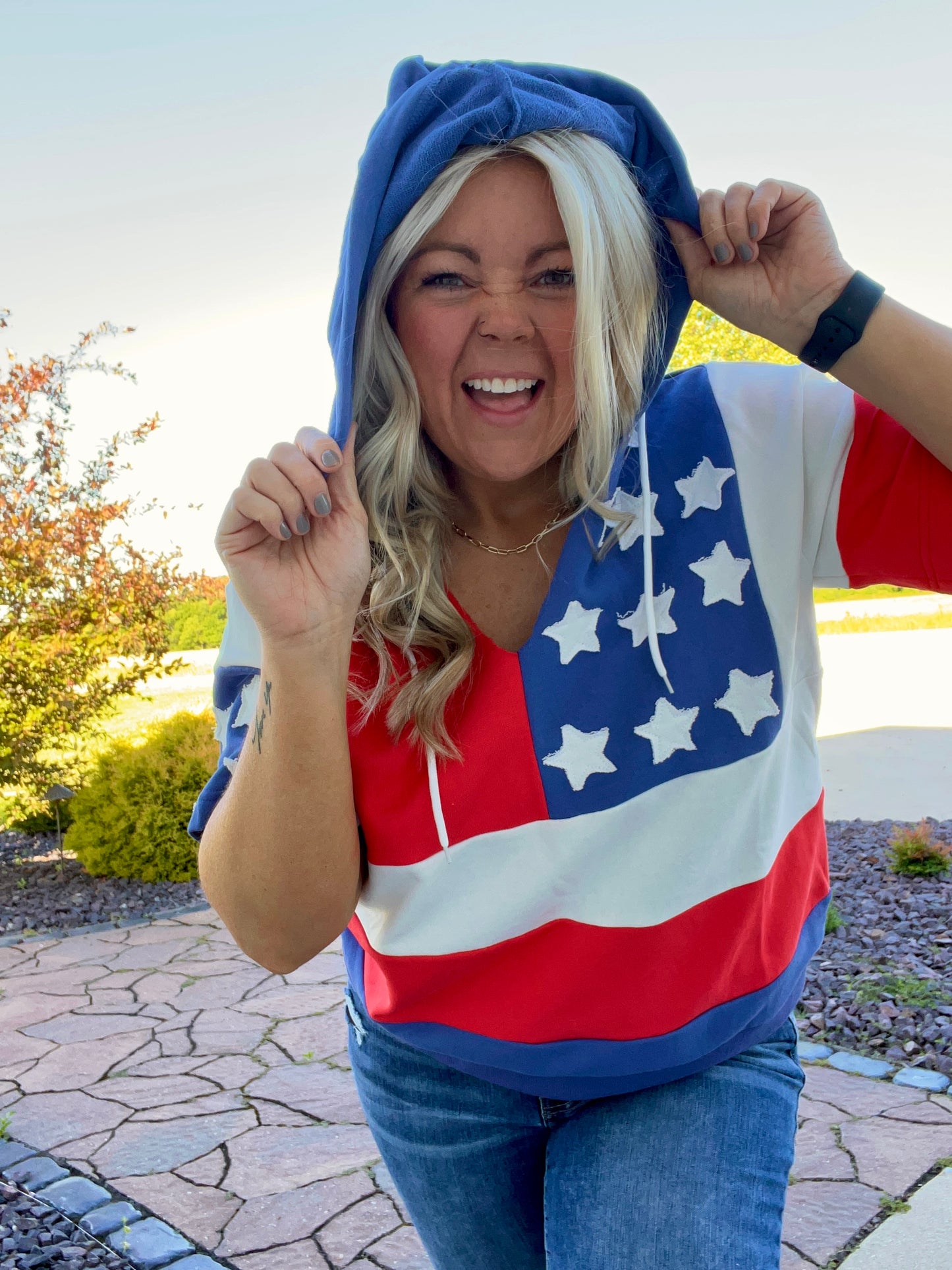 American Flag Oversized Short Sleeve Hoodie