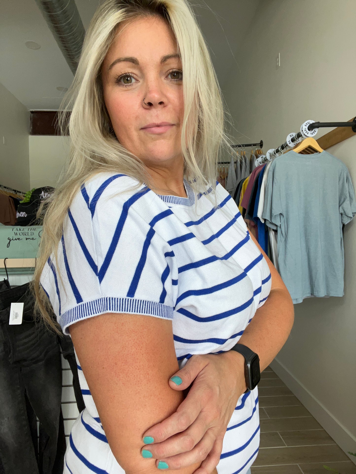 Classic Blue Stripe Knitted Bat Sleeve