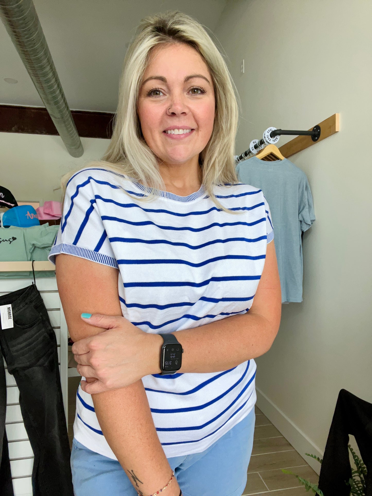 Classic Blue Stripe Knitted Bat Sleeve