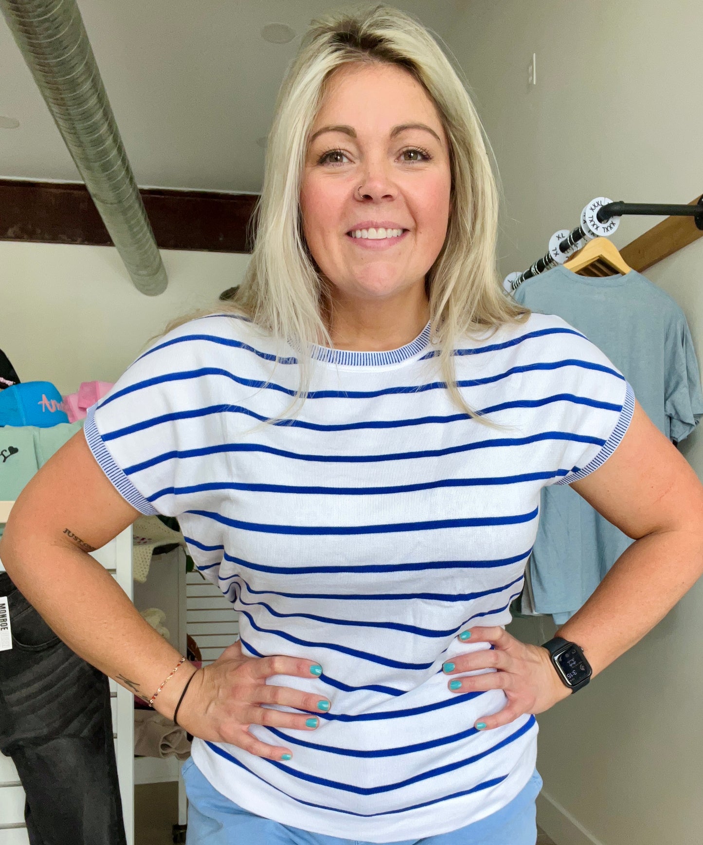Classic Blue Stripe Knitted Bat Sleeve