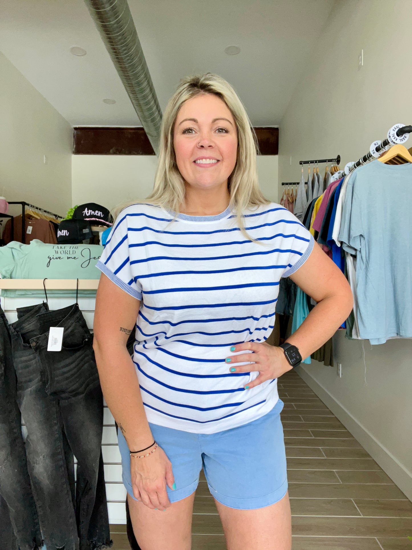 Classic Blue Stripe Knitted Bat Sleeve