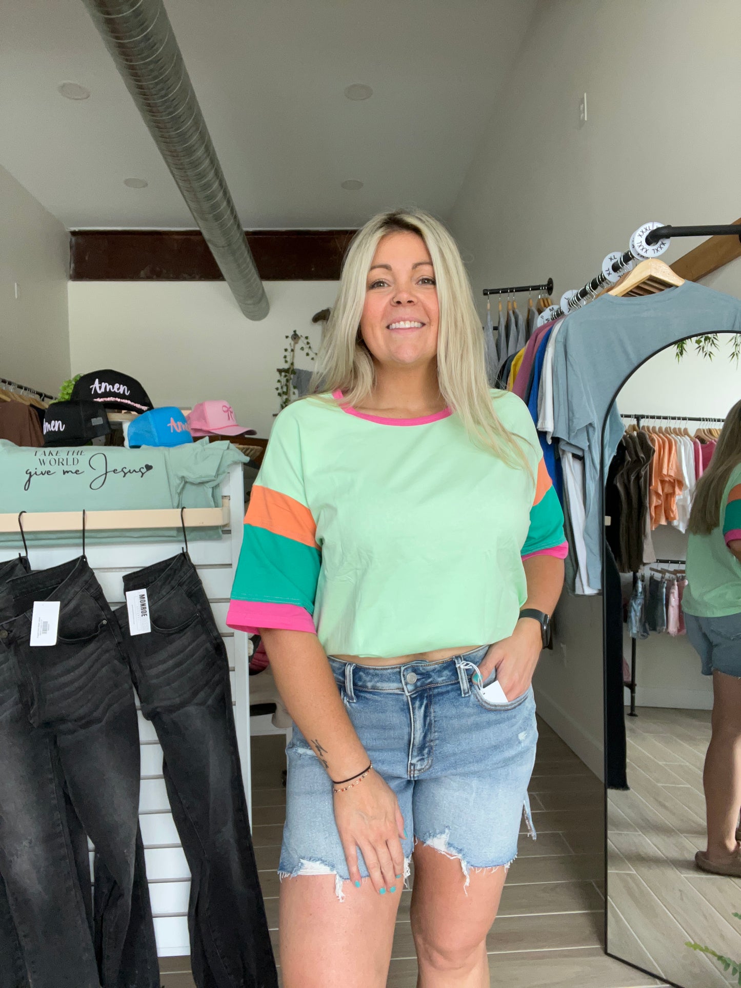 Boat Neck Green Colorblock Tee