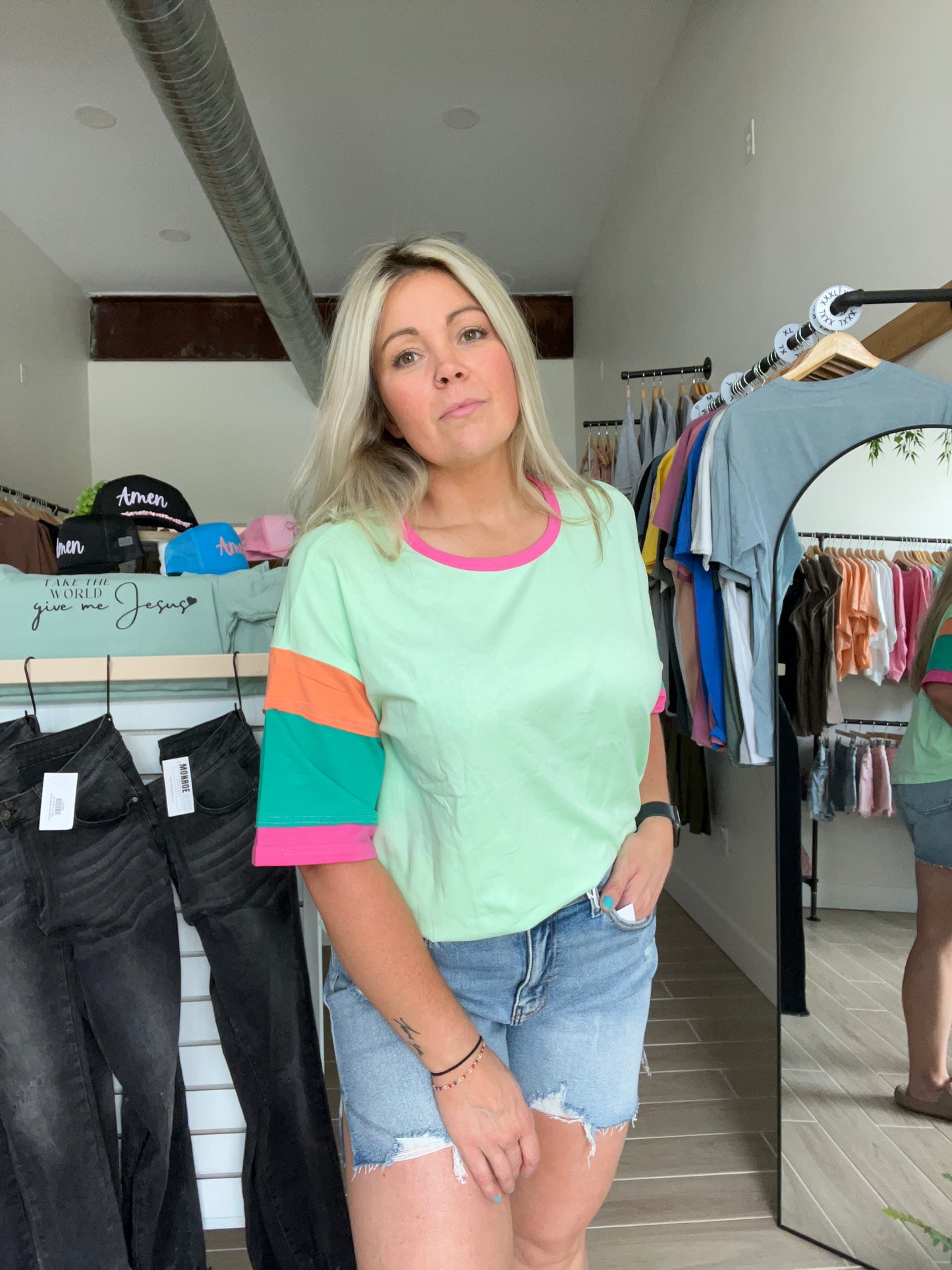 Boat Neck Green Colorblock Tee