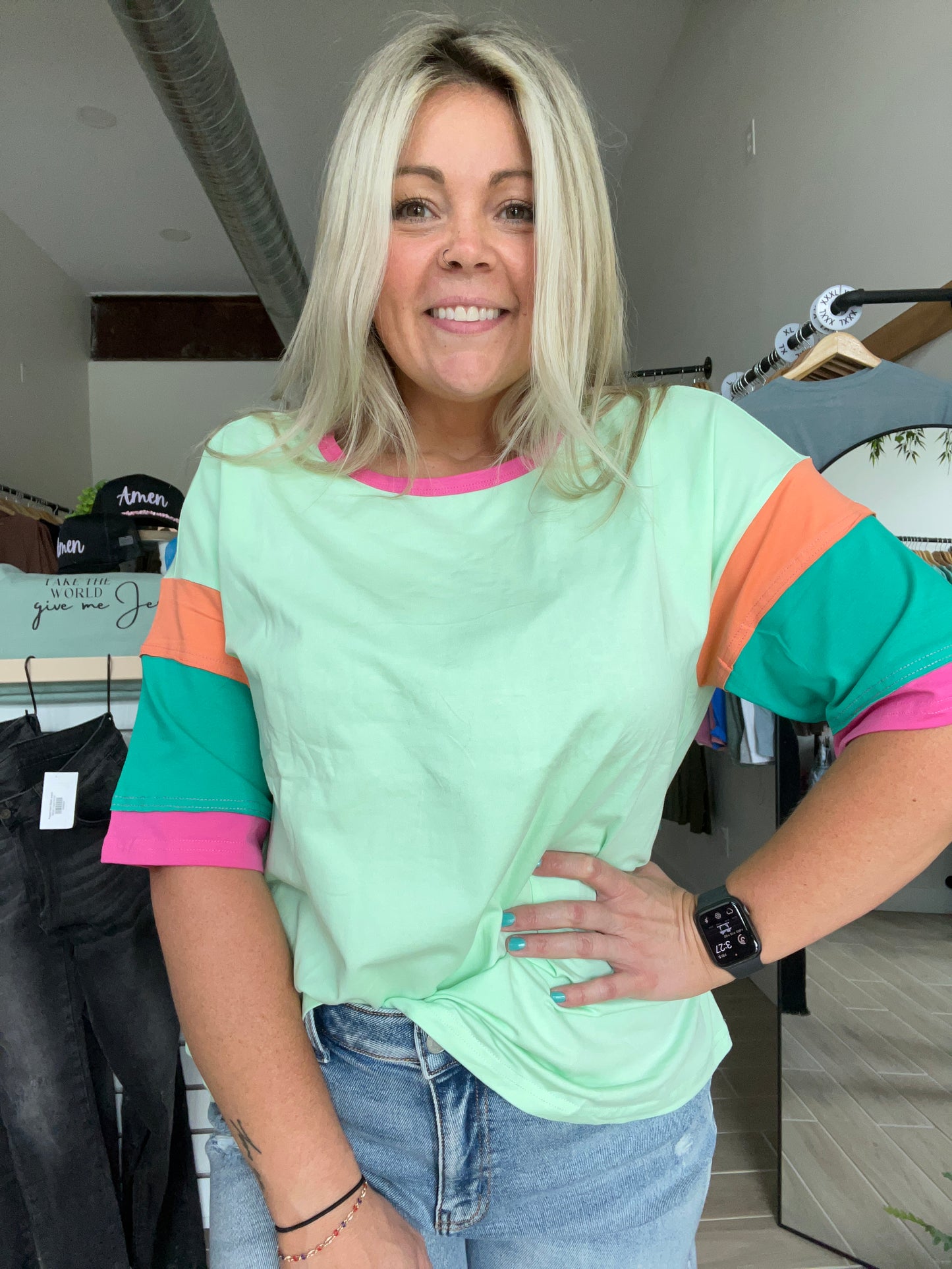 Boat Neck Green Colorblock Tee
