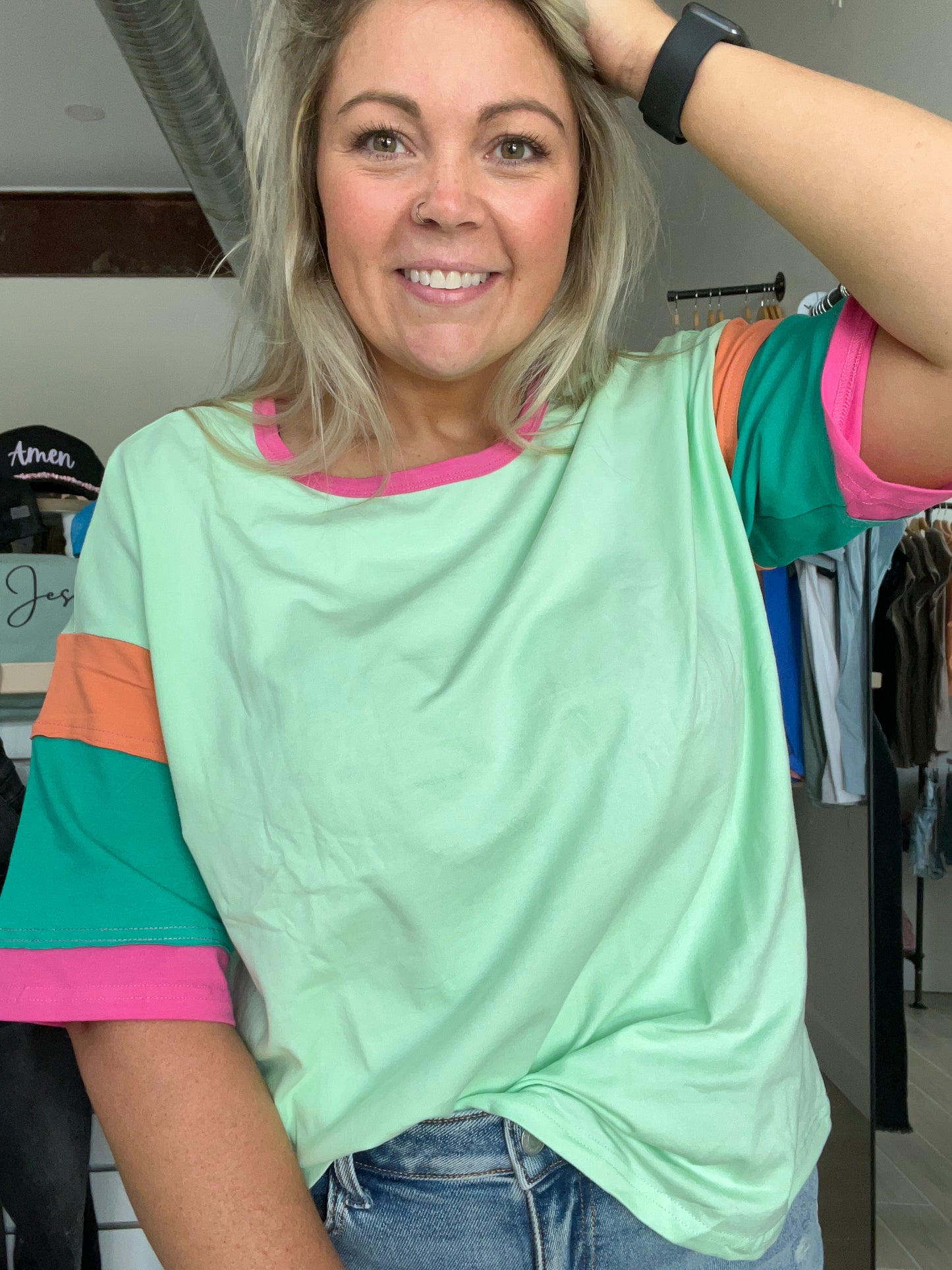 Boat Neck Green Colorblock Tee