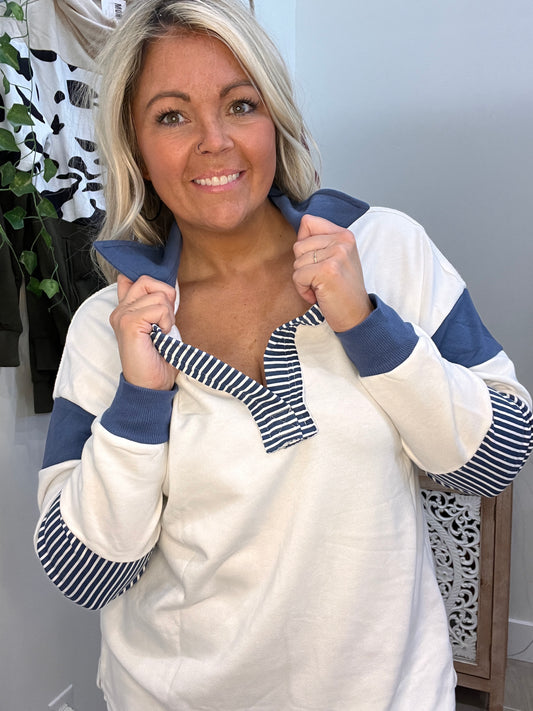 Patchwork Blue and White Pullover