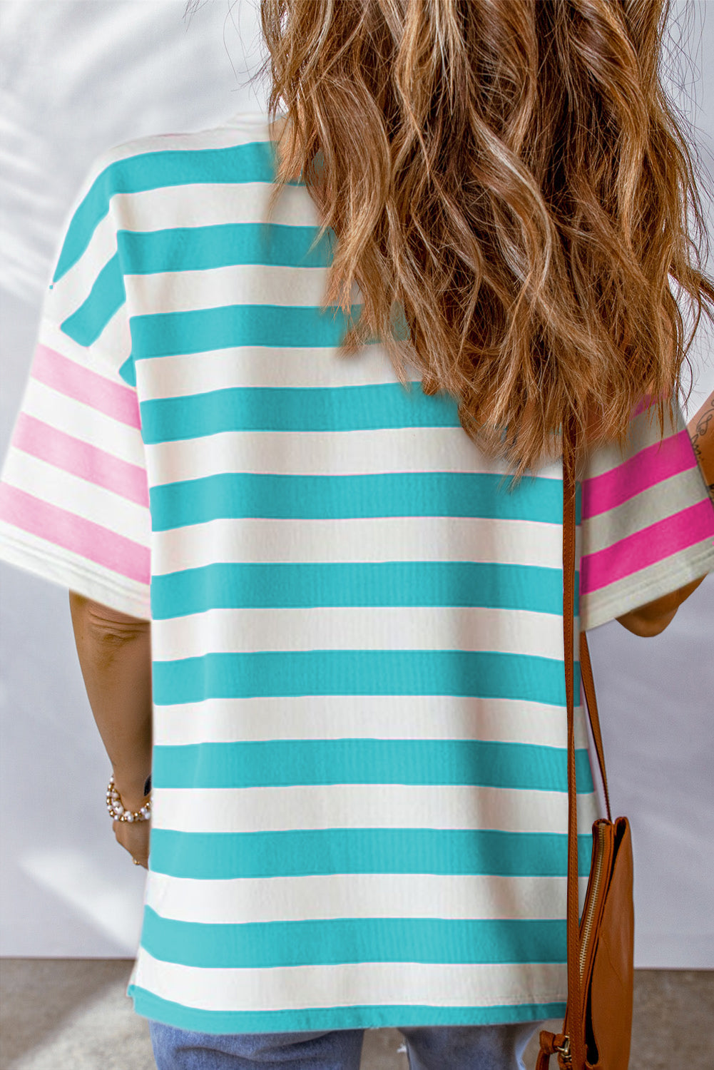 Pink & Turquoise Stripe Contrast Pocket Tee