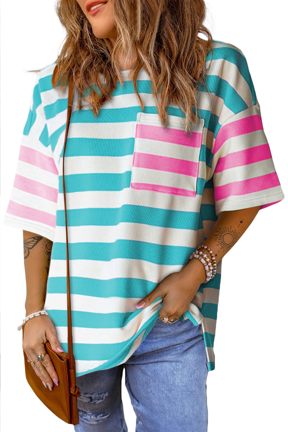 Pink & Turquoise Stripe Contrast Pocket Tee