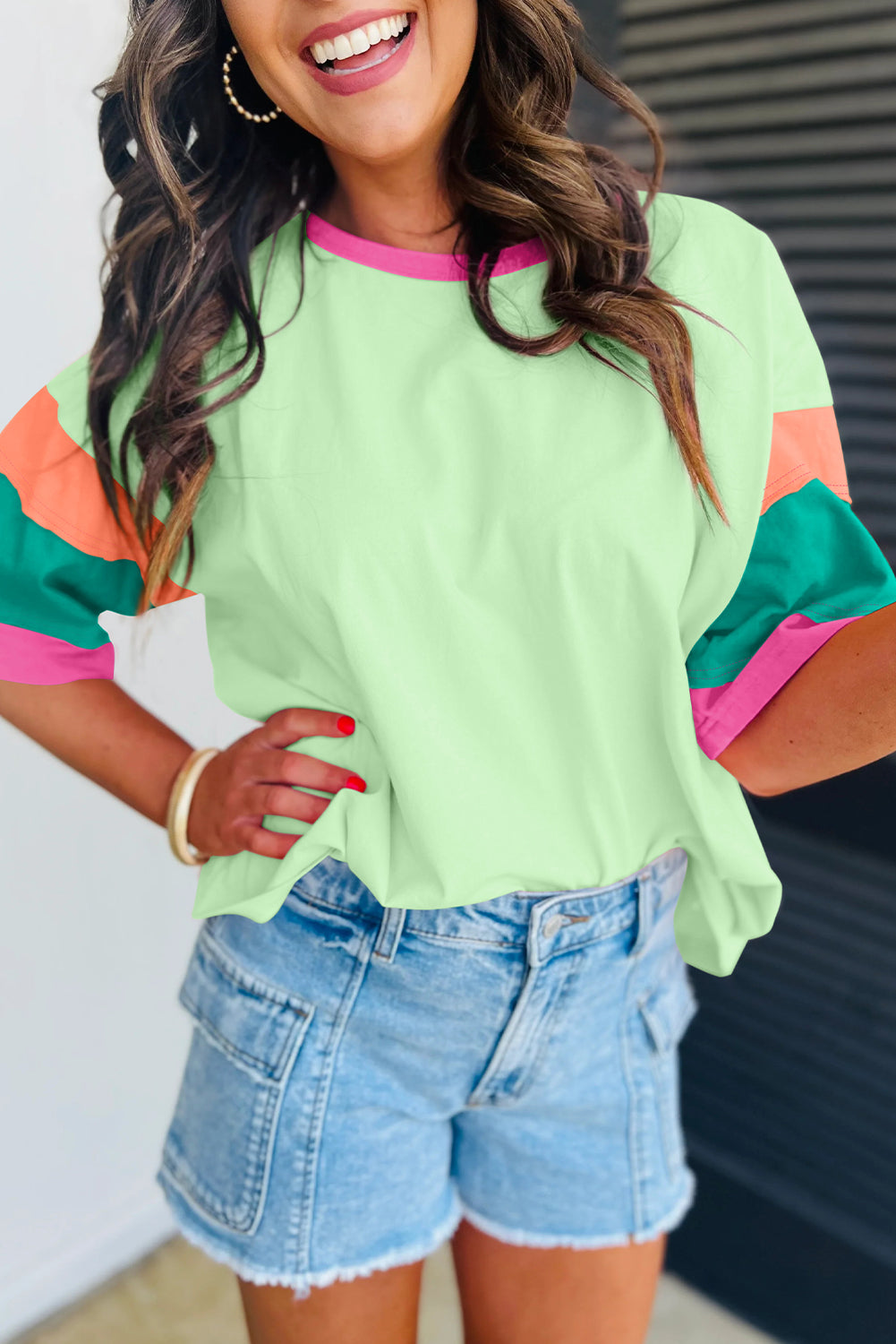 Boat Neck Green Colorblock Tee
