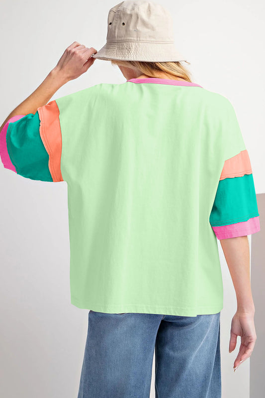 Boat Neck Green Colorblock Tee
