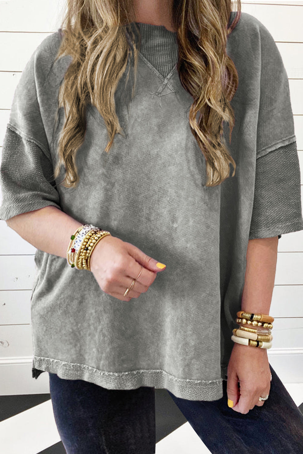 Light Grey Mineral Wash Patchwork Tee