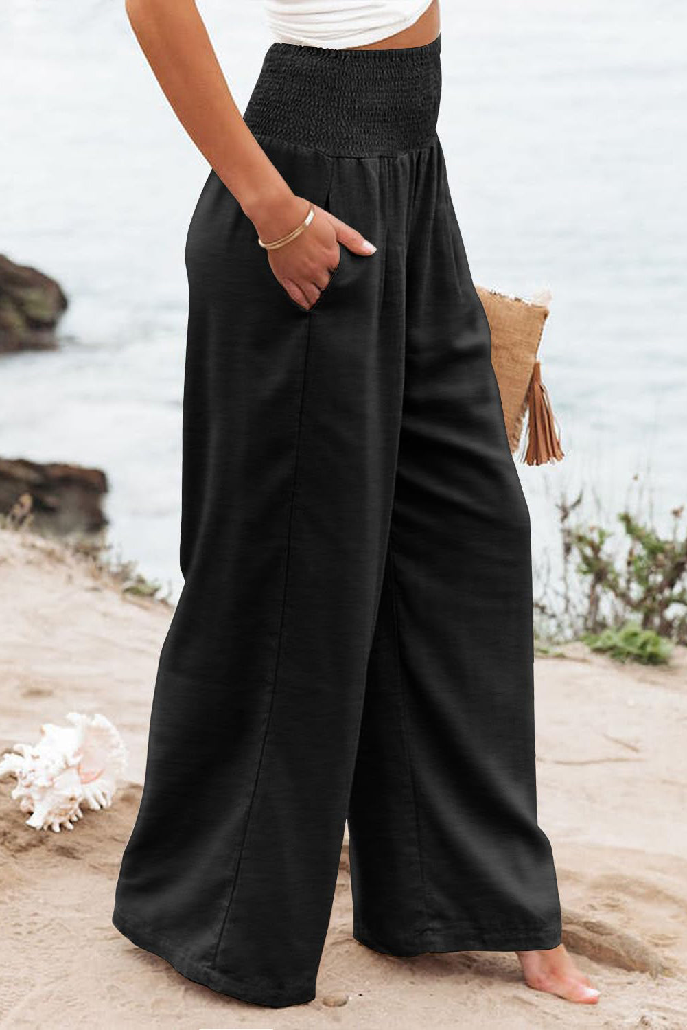 Black High Waist Shirred Pant Plus
