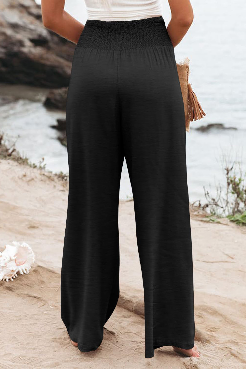 Black High Waist Shirred Pant Plus