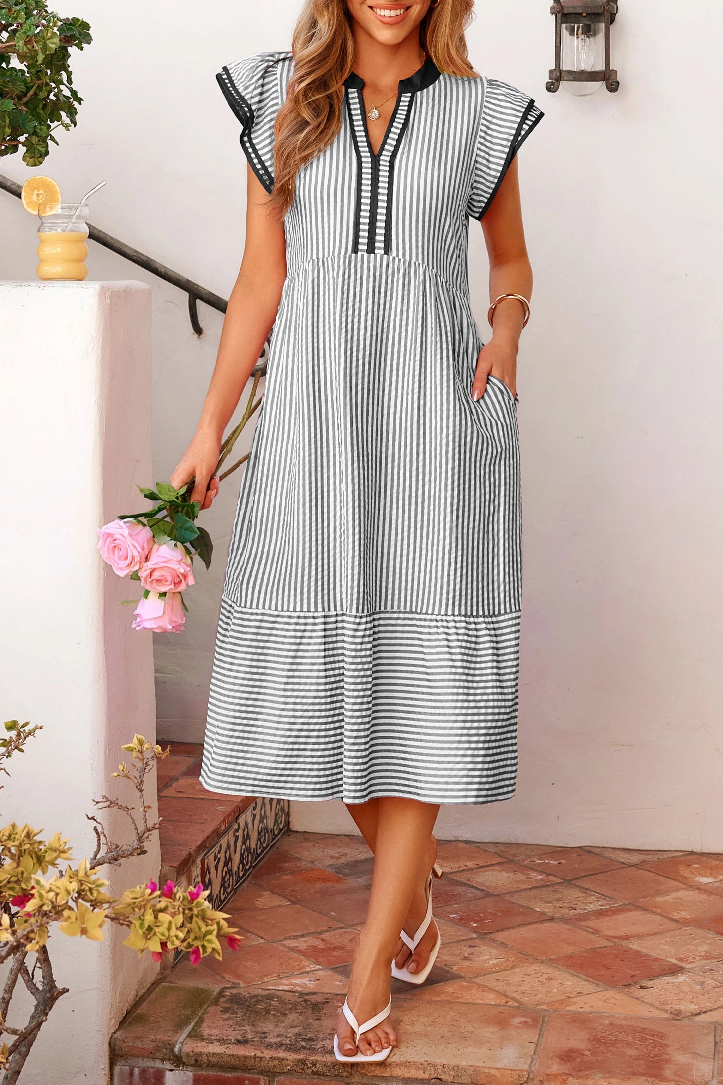 Contrast Stripe Midi Dress