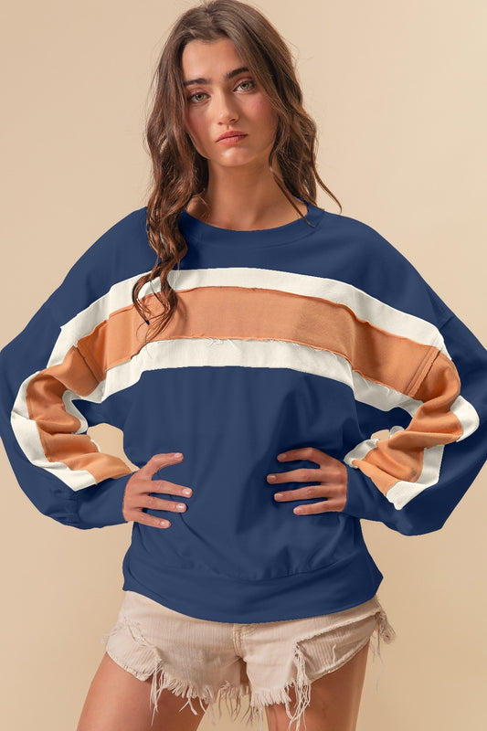 Blue & Peach Long Sleeve Raw Hem