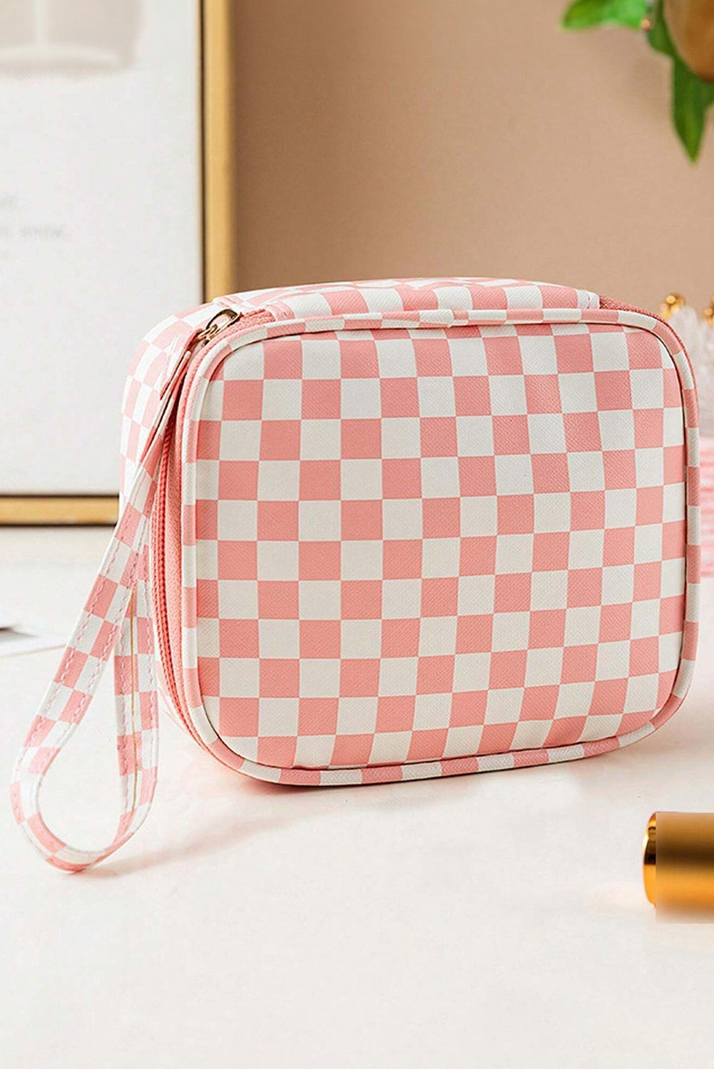 Pink Checked Small Cosmetic Bag