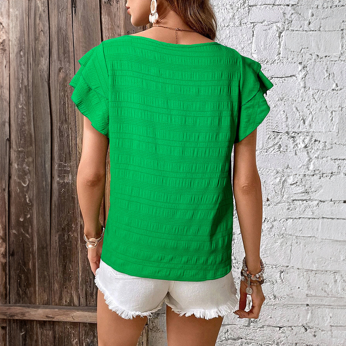 Kelly Green Flutter Sleeve Textured Blouse