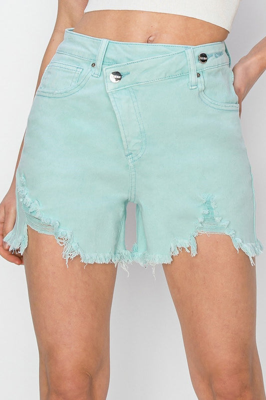 Risen  Mid Rise Frayed Hem Shorts